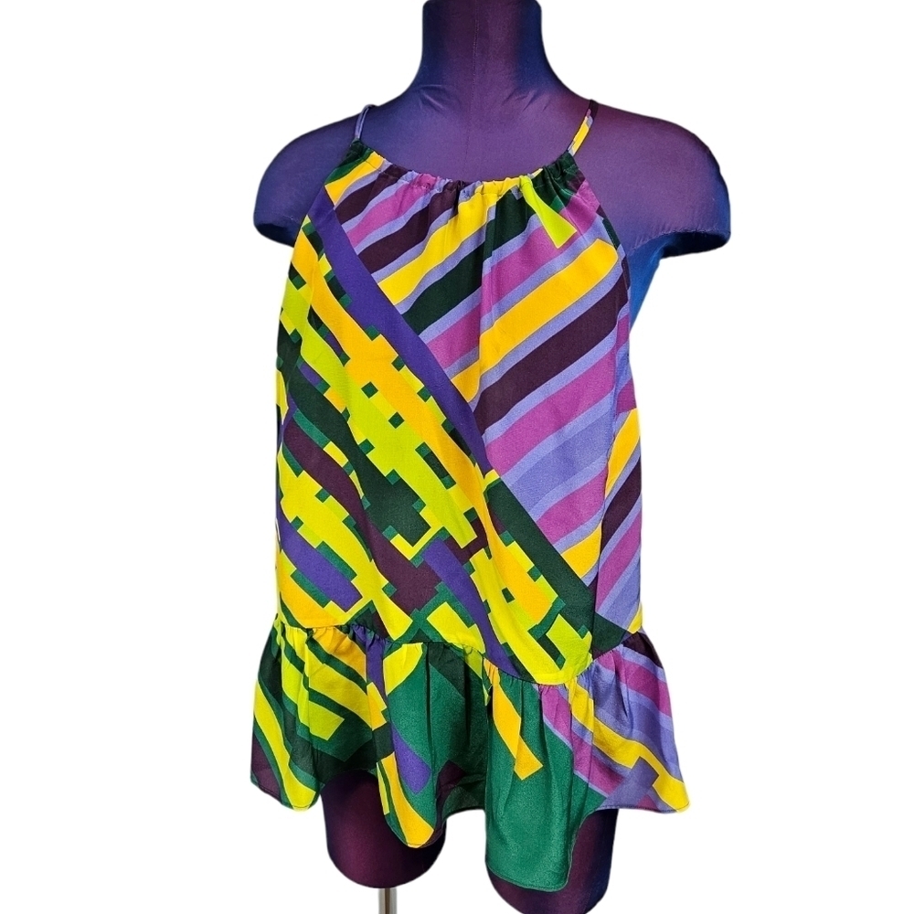 Tracy Reese Colorful Geometric Silk Halter Top Ruffle Hem Size XS Women's G31